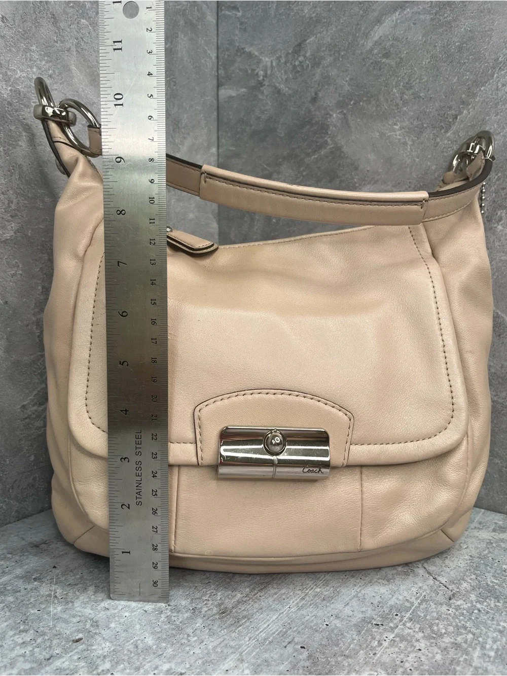 Coach Beige Leather Shoulder Bag with Silver Hardware